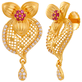 Triple Petal Floral with Dancing Drops Gold Earrings