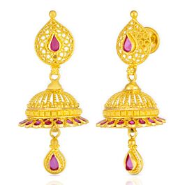 Beautiful Jhumka Red Stones Gold Earrings