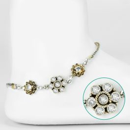 Enchanting White Stone Floral Silver Anklets