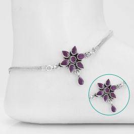 Beautiful Red Floral Stone Silver Anklets