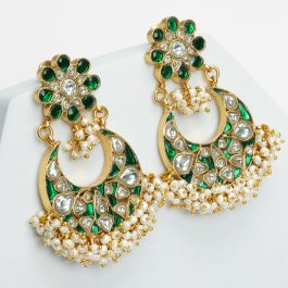 Extravagant Green Stone Beaded Pearls Silver Earrings