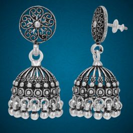 Ethnic Floral Beaded Silver Jhumka Earrings