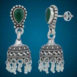 Pretty Emerald Stone Pearl Beaded Silver Jhumka Earrings