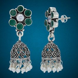 Pretty Floral Netted Silver Jhumka Earrings