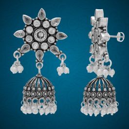 Ravishing Floral Pearl Beaded Silver Jhumka Earrings