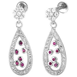 Red Stones Pear Shape Hanging Silver Earrings