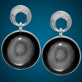 Black Stone Round Shape Silver Earrings
